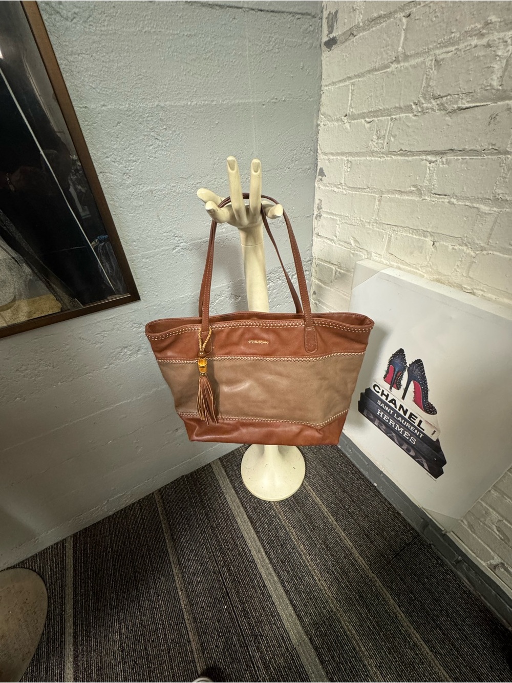Big Buddha Two-Tone Brown & Tan Tote with Tassel Accent